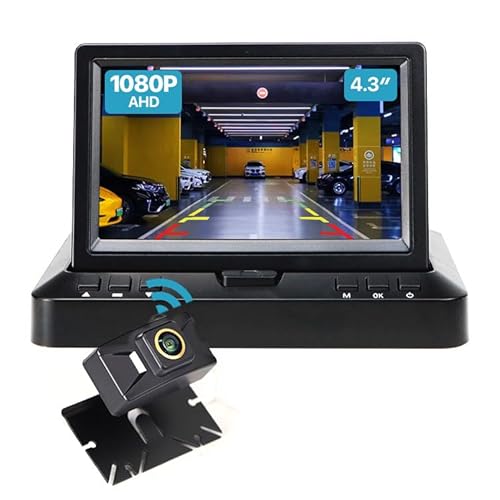 Wireless Backup Camera Monitor Set: Foldable Screen Display + HD 1080P Rear/Front View Camera with Night Vision, Customizable Guide Lines, Wide Angle, and Waterproof Design, TTXSCAM-W02