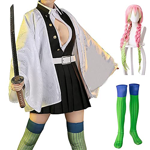 Tkieio Kochou Cosplay Costume Kochou Outfit Cosplay Kimono Outfit Uniform Costume Full Set with Wig(Kanroji Mitsuri (wig),S)