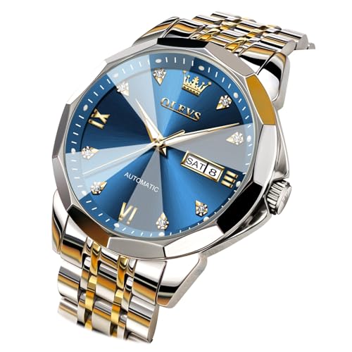 OLEVS Watch for Men Automatic Classic Mechanical Watch Diamond Mirror Stainless Steel Dress Casual Waterproof Day/Date Calendar Blue