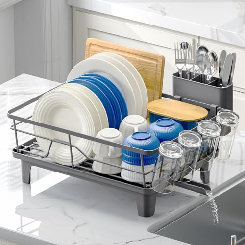 Urackify Dish Drying Rack for Kitchen Counter, Sink Dish Rack with Drainboard, Large Dish Drainer with Cups Holder, Home Countertop Plate Dryer Storage Rack with Cutlery Holder, Gray