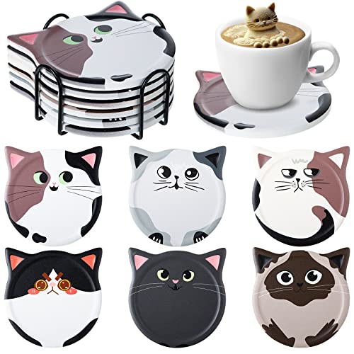 Meanplan Funny Cat Coasters for Drink for Lovers Ceramic Coasters with Cork Bottom and Metal Holder for Bar Office Dining Coffee Table Desk Decor 4.25 Inch(Naive Cat Style,6 Pcs)