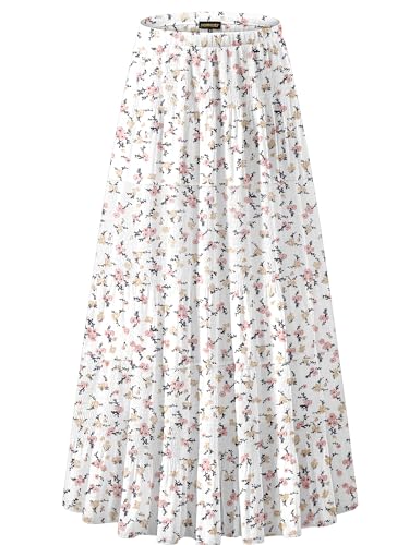 NASHALYLY Women's Chiffon Elastic High Waist Pleated A-Line Flared Maxi Skirts(Shiny Floral,L)