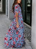 BLENCOT Women's Summer Boho Floral Printed Dress Deep V Neck Short Sleeve Evening Cocktail Party Maxi Wedding Long Dresses Sky Blue X-Large