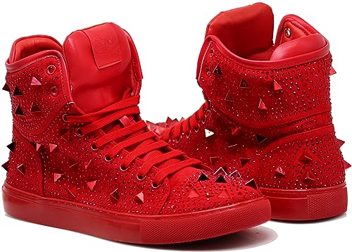 Enzo Romeo Men's High Top Crystal Shimmer Rhinestone Blink Flat Spike Fashion Sneakers Shoes BUL2 (Red (06), Numeric_10_Point_5)