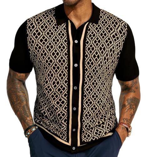 Mens Polo Shirts Vintage Shirts for Men Button Down Knitted Golf Shirts Black Gold
