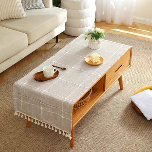 SIELUNO Coffee Table Cover, Rustic Farmhouse Rectangle Coffee Table Cloth Cotton Linen Waterproof with Pockets and Tassel for Living Room Decoration - Large Plaids - 20x60 Inch