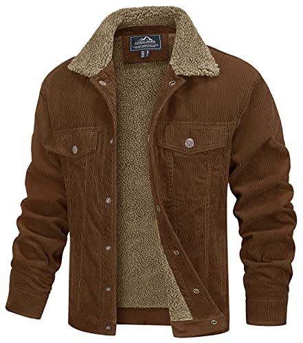 MAGCOMSEN Mens Corduroy Jackets Sherpa Lined Jacket Spread Collar Winter Warm Coat Casual Fleece Jacket for Men Brown,XL