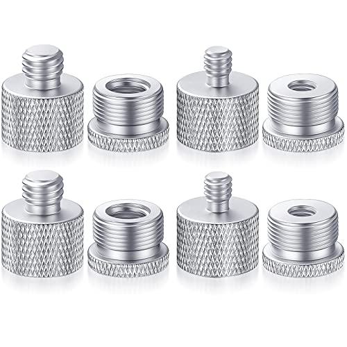 Moxweyeni 8 Pcs Mic Stand Adapter 5/8 Female to 3/8 Male, 3/8 Female to 5/8 Male, 5/8 to 1/4 and 1/4 to 5/8 Screw Mic Thread Adapter Set for Microphone(Silver)