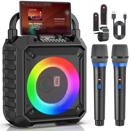 HWWR Karaoke Machine for Adults & Kids, Portable Bluetooth Karaoke Speaker with 2 Microphones & DJ Lights for Home Party Outdoor, Karaoke Microphone Wireless PA System Supports USB/AUX-in/REC/TF