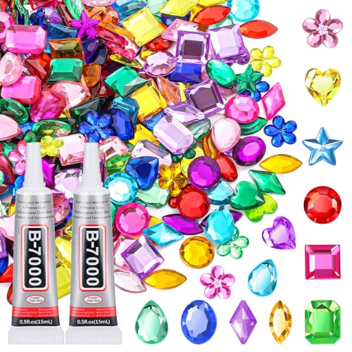 anezus 400Pcs Jewels for Bedazzling with 2 Pack B7000 Jewelry Glue, Flat Back Craft Gems Rhinestones for Clothing, Sequins Rhinestones Gemstones for Fabric, Craft, Decoration