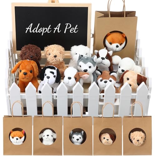 36 Pcs Adopt a Pet Party Favors Mini Plush Stuffed Animal Set with 10 White Plastic Fence 12 Kraft Paper Gift Bags Wooden Chalkboard Sign Chalk Marker for Adopt a Puppy Dog Birthday Party(Stylish)