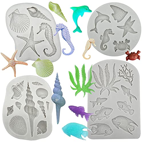 4PCS Marine Theme Fondant Silicone Mold Seaweed Sea Fish Crab Coral Conch Sea Shells Shape DIY Handmade Baking Tools