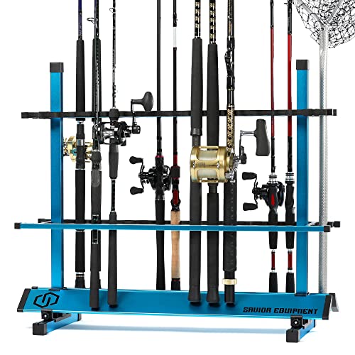 Savior Equipment Fishing Rod Rack Holder Organizer, Lightweight Aluminum Vertical Fish Pole Garage Storage Ground Display Stand, Hold Up to 36 Slots Fresh Salt Water Spinning Rods & Reel Combo, Blue
