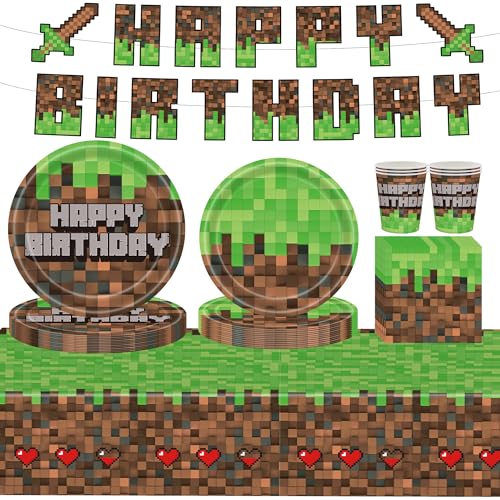 Pixel Birthday Decoration Party Supplies, Serves 16 of Plates, Napkins, Cups,with 1 Tablecloth and 1 Banner，Mining Party Faovrs Tableware 70 Pcs