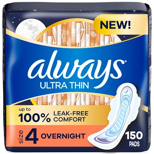 Always Ultra Thin Overnight Pads, Size 4, Overnight, Unscented, 50 Count x 3 Packs (150 Count total) (Packaging May Vary)