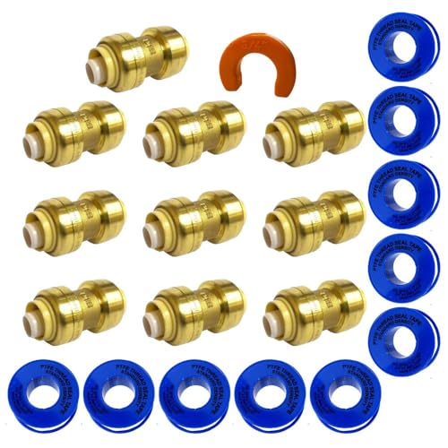 1/2" Push Fit Coupling Connection Fittings - Brass Plumbing Connectors for PEX, Copper, PVC Tubes & Pipes, Quick Connect, Bite Adapter, Slip Reducer, Valve Tool, Water Line Saver, Expansion - 10 Pack