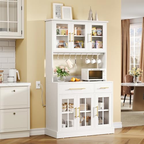 YITAHOME 71'' Kitchen Pantry Storage Cabinet with Microwave Stand, Tall Freestanding Hutch Cabinet with Power Outlet, Pantry Cabinet with Buffet Cupboard, Drawers and Acrylic Doors for Home, White