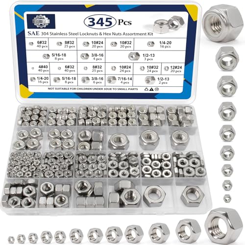 ZQZ 345 Pack SAE Hex Nut & Locknuts Assortment Kit,4#40 6#32 8#32 10#24 10#32 12#24 1/4-20 5/16-18 3/8-16 7/16-14 1/2-13 1/4-20 304 Stainless Steel Standard Thread Nylon Insert Lock Nuts Set