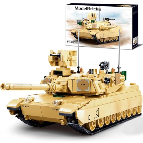 WW2 Army Tank M1A2 Main Battle Tank Military Model Toy Kits, Inspired M1A2 Abrams Brick Building Set, Including 2 Soldier Minifigures, Gifts for 6-12 Year Old Kids, Compatible with Lego, 781 PCS