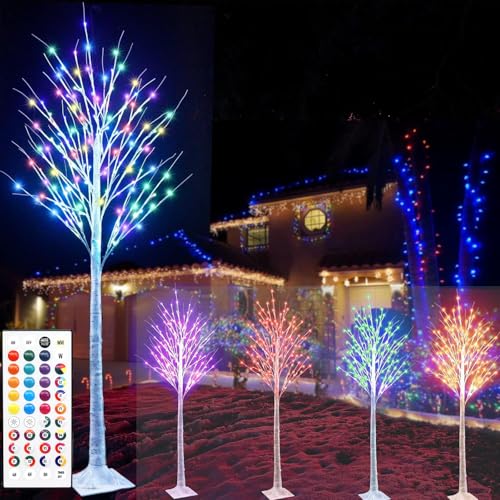 7Ft Birch Tree with LED Lights 35 Colors Changing Lighted Birch Tree Outdoor, Remote Control White Trees with Colorful Pink Green Pink Lights for Indoor Outside Home Wedding Halloween Christmas Decor