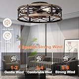 SHLUCE Farmhouse Flush Mount Caged Ceiling Fans with Lights, 6 Speeds, Rustic Low Profile Ceiling Fan with Light and Remote, Small Bladeless Ceiling Fans with Lights for Kitchen, Bedroom