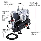 Master Airbrush TC-828 Air Compressor - 1/4 HP Twin Cylinder, 3L Air Tank, 46L/Min Flow, Dual Airbrush Support, True Diaphragm Regulator, Portable - Ideal for Artists, Studios, & All Skill Levels!