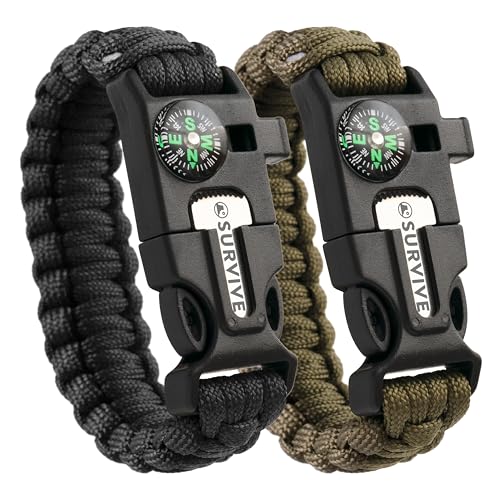 SURVIVE Paracord Bracelet, Pack of 2, Emergency Hiking Survival Kit Fire Starter Compass Whistle, Wrist Size: Small, 8.5 ft Continuous Strand Flint Steel Scraper 5 in 1