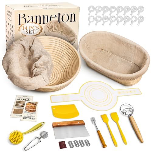 BAVIFY Banneton Bread Proofing Basket Sourdough Bread Baking Supplies, Sourdough Starter Kit with 9" Round & 10" Oval Banneton Baskets, Bread Lame, Sling, Spatula, Scraper, Dough Whisk