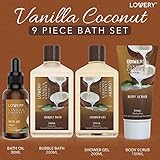 Bath and Body Gift Basket For Women and Men – 9 Piece Set of Vanilla Coconut Home Spa Set, Includes Fragrant Lotions, Extra Large Bath Bombs, Coconut Oil, Luxurious Bath Towel & More