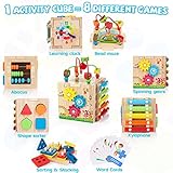 Bravmate Wooden Activity Cube, 8-in-1 Wooden Montessori Learning Toys for 18 M+ Toddlers, One Year Old First Birthday Gift, Baby Toy Set with Bonus Sorting & Stacking Board