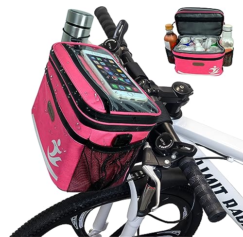 MeiMeSu Bike Handlebar Bag Waterproof Bike Basket Front with Touch Screen Phone Holder,Bicycle Frame Bag Bicycle Basket Insulated Beach Cooler Lunch Bags Mesh Pocket, E-bike Pouch for Cycling Outdoor