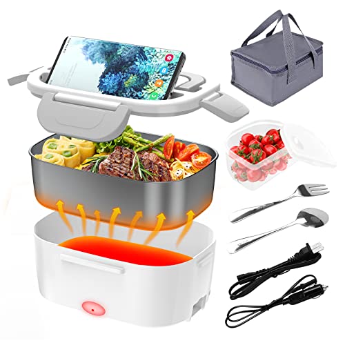 CHARMDOO Electric Lunch Box, Food Warmer Heater 12V 24V 110V, 80W Faster Heated Lunch Box for Car/Truck/Home Portable Heating Boxes with 1.5L 304 SS Container Fork & Spoon, White+Gray