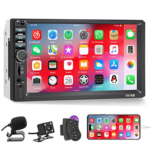 Double Din Car Stereo with Backup Camera Microphone, 7' Touchscreen 2 Din Radio, MP5 Player, Car Audio Receivers Support Mirror Link/Hands Free Call/FM/Steering Wheel Remote/BT/TF/USB/EQ/Aux