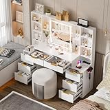 FURNJOYLIFE Large Makeup Vanity Desk with Lighted Mirror & Power Outlet,Dresser Table with 3 Lighting Modes Brightness Adjustable,Drawers,Shelves,Hair Dryer Stand for Bedroom,White (No Stool)