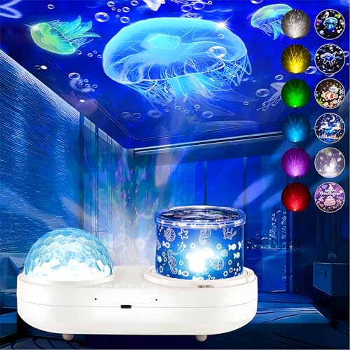 Ocean Kids Night Light Projector,360°Rotating Jellyfish Lamp Projector with 7 Films & Timer Sensory Lights,Baby Toddler Bedroom Ceiling Projector, Birthday Christmas Gifts for Children Adults