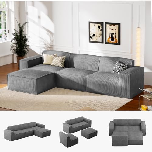 Marsail 111" L Shaped 3-Seater Sofa Modular, Corduroy Cloud Couches with Deep Seats and High-Back Design, Modular Sectional Sofa for Living Room with Ottoman, No Assembly Required
