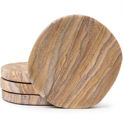 Cork & Mill Absorbent Coasters Set of 4 - Water Absorbing Sandstone Coasters for Drinks - Perfect for Coffee Table, Office Desk, Outdoor, Bedroom Nightstand - 4" Round - Unique Irregular Edge Design