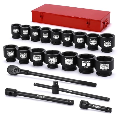TecoTek 1" Drive Jumbo Shallow Impact Socket Set, 21-Piece Jumbo Assortment, SAE, 1-5/8 Inch to 3-1/8 Inch, CR-MO Steel, Ratchet, Extension Bar and Metal Case