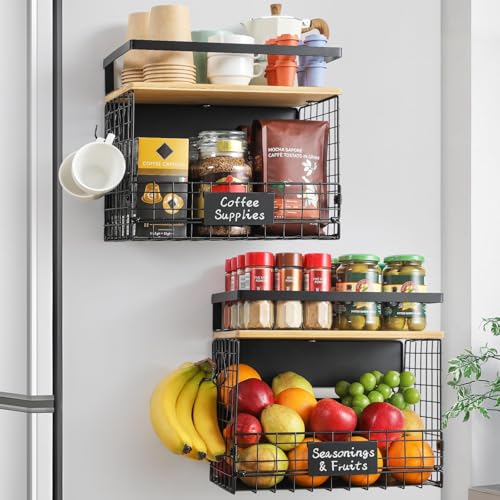 2 SET Strong Magnetic Shelf for Fridge with Tag & Bamboo Top, XXL Large Capacity Magnetic Spice Rack Shelves for Side of Refrigerator, Kitchen Pantry Storage Organizer, Multiuse Food Fruit Veg Baskets