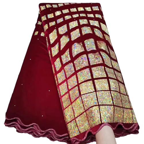 Bestway Lace Fashion Sequins Embroidery Velvet African Lace Fabric 5 Yards Nigerian Women Wedding Party Asoebi Sewing Lace Material(Wine Red)