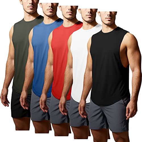 GYM REVOLUTION Men's 5 Pack Workout Sleeveless Shirts Muscle Gym Tank Tops Black White Red Blue Green XL