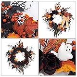 LinTimes Halloween Wreaths for Front Door, 26Inch Ghost Wreath with Ribbon Black Rose Maple Berries Feather for Indoor Outdoor Wall Window Front Door Porch Mantle Halloween Decoration