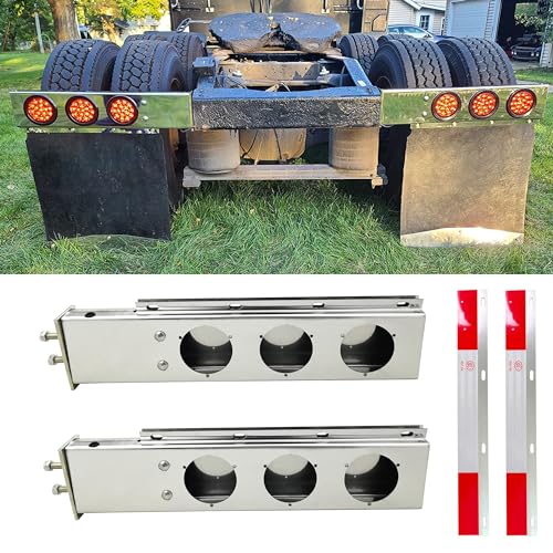 GaeaAuto Stainless Steel Straight Spring Loaded Mud Flap Hanger Bracket Mudflap Holder Set 2.5" Bolt Spacing 30" Length with Aluminum Reflective Tapes and 4" Light Cutouts fit for Semi Trucks, 2 Pack