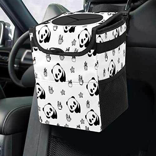 Car Trash Can Cute Black and White Panda Small Auto Garbage Bag with Lid Hanging Front Seat Car Accessories Collapsible Leakproof Garbage Can Box for Car SUV Sedan
