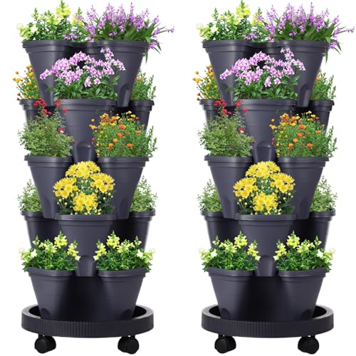 Umigy 2 Set 5 Tier Stackable Planters Vertical Garden Planters for Strawberry Herb Flower and Vegetable Indoor Outdoor Gardening Pots with Removable Wheels and Bottom(Grey)