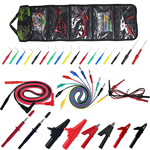 Testeronics 34-in-1 Test Lead and Test Probe Kit for Multimeter Tester | Lead Extension Right Angle to Straight 4mm Banana Plug Connectors Meter Leads | Multi-Type Back Probe Set | Alligator Clips