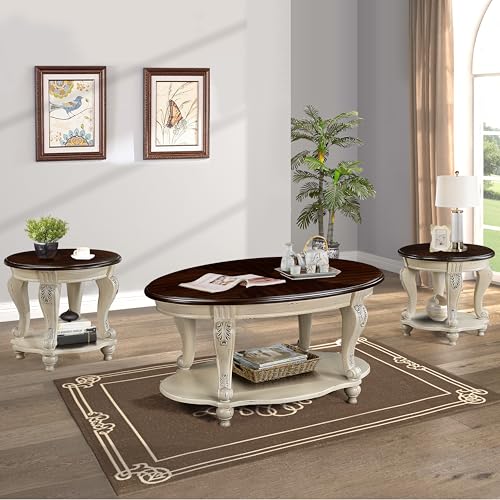 FGXJY Solid Wood Coffee Table Set for Living Room, Coffee Table & 2 End Side Table 3-Piece Set with Open Storage for Office Apartment Beige and Espresso