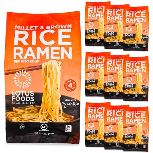 Lotus Foods Organic Millet & Brown Rice Ramen with Miso Soup - Gluten Free Ramen Noodles, Vegan Ramen Noodles with Millet Flour & Brown Rice Flour, Whole Grain GF Ramen - 2.8 Oz Bags (Pack of 10)