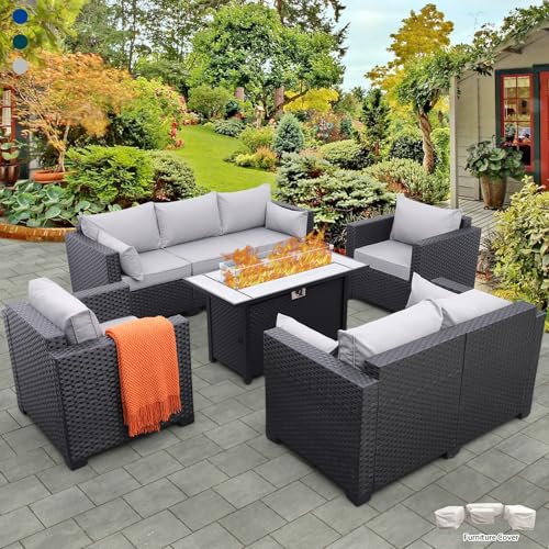 Rattaner 5 Pcs Outdoor Furniture Sets Patio Furniture Set with 45" Fire Pit Patio Couch Outdoor Chairs 60000 BTU Steel Propane Fire Pit Table No-Slip Cushions and Waterproof Covers, Light Grey