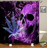 OLEBETY 4PCS Purple Skull Shower Curtain Sets with Rugs, Waterproof Fabric Shower Curtain, Halloween Horror Scary Gothic Cool Skeleton Bathroom Decor for Men Teen Boys, Non-slip Bath Mat Bathroom Rugs